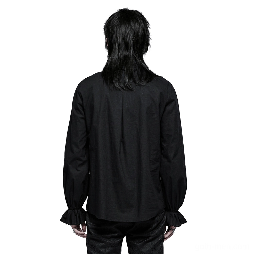 Black skeleton embroidered gothic shirt back view on male model showcasing central back pleat and ruffled cuffs