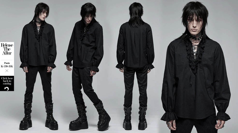 Skeleton embroidered gothic shirt back pleat and draping detail on mannequin demonstrating theatrical flow