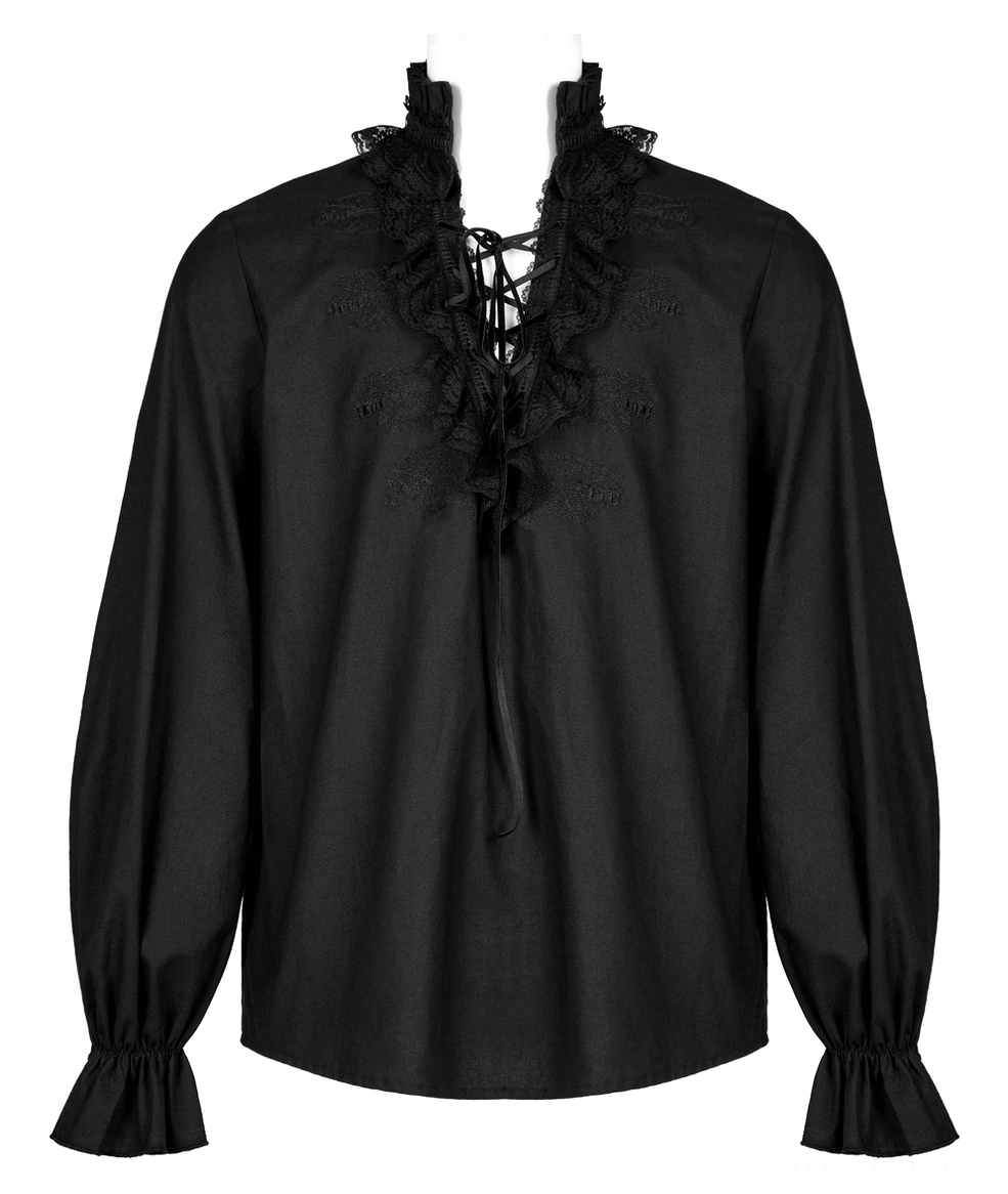 Black skeleton embroidered gothic shirt front on dress form displaying intricate chest embroidery and flared lace cuffs