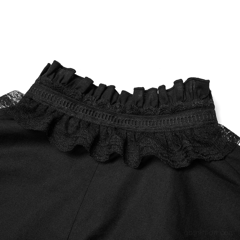 Close-up detail of skeleton embroidered gothic shirt ruffled lace stand collar and black fabric texture