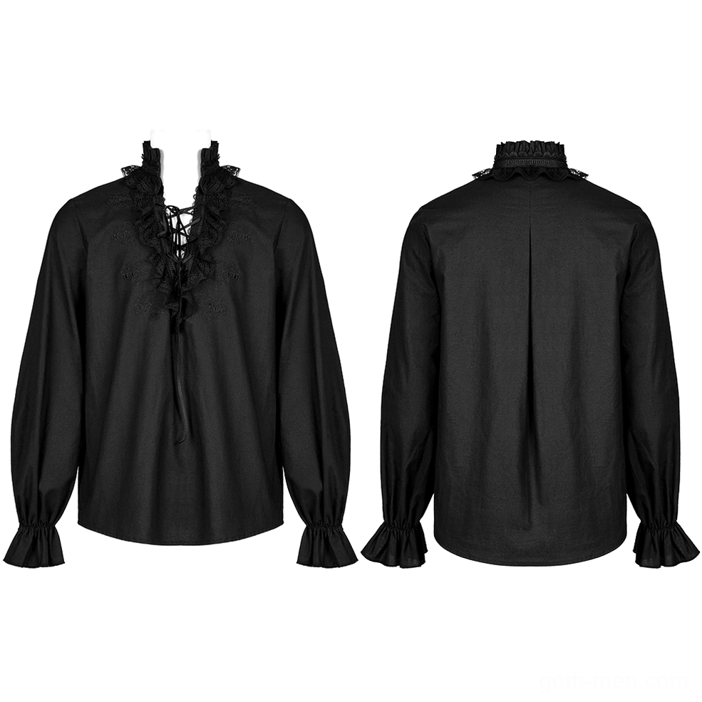 Skeleton embroidered lace-trimmed gothic shirt front and back combined display on mannequin with layered lace collar
