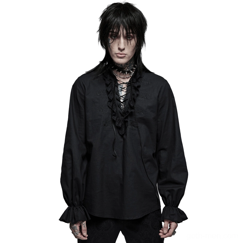 Black skeleton embroidered lace-up gothic shirt front view on male model with ruffled lace cuffs