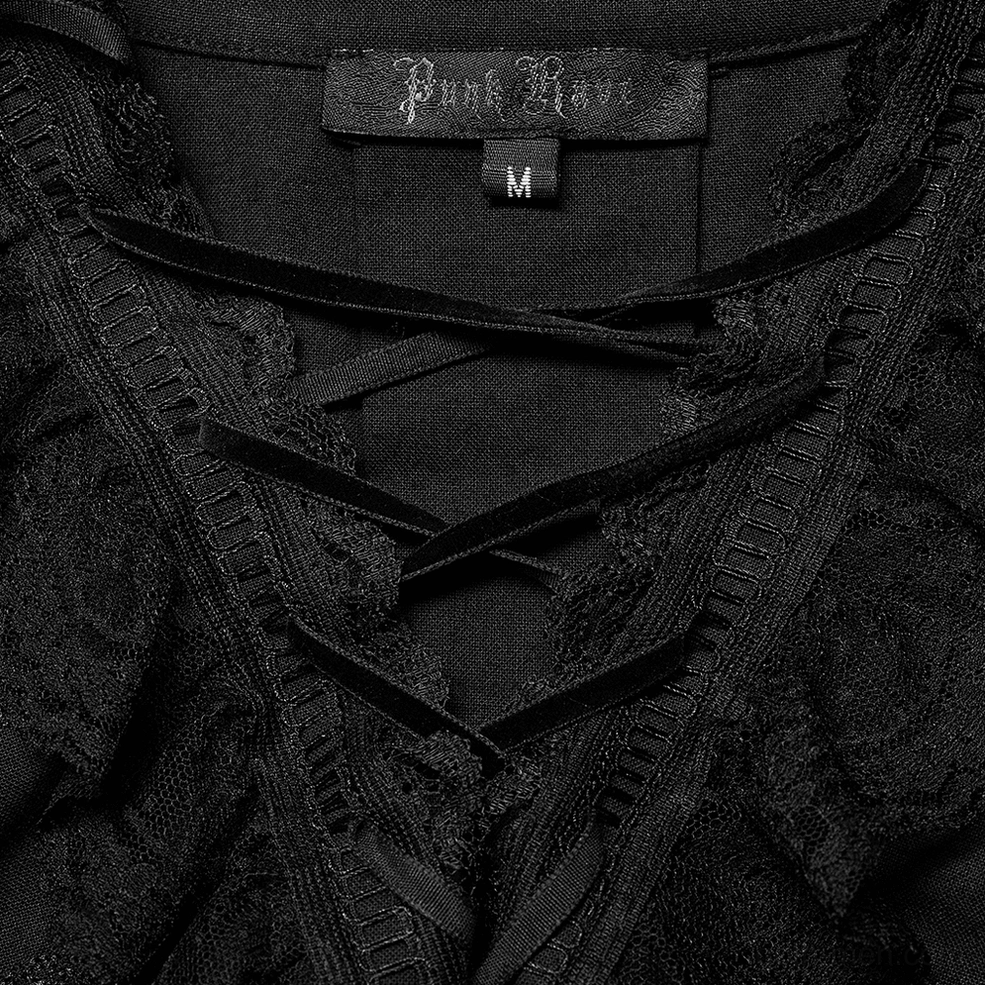 Interior detail of skeleton embroidered gothic shirt showing velvet lace-up straps brand tag and embroidered lace trim