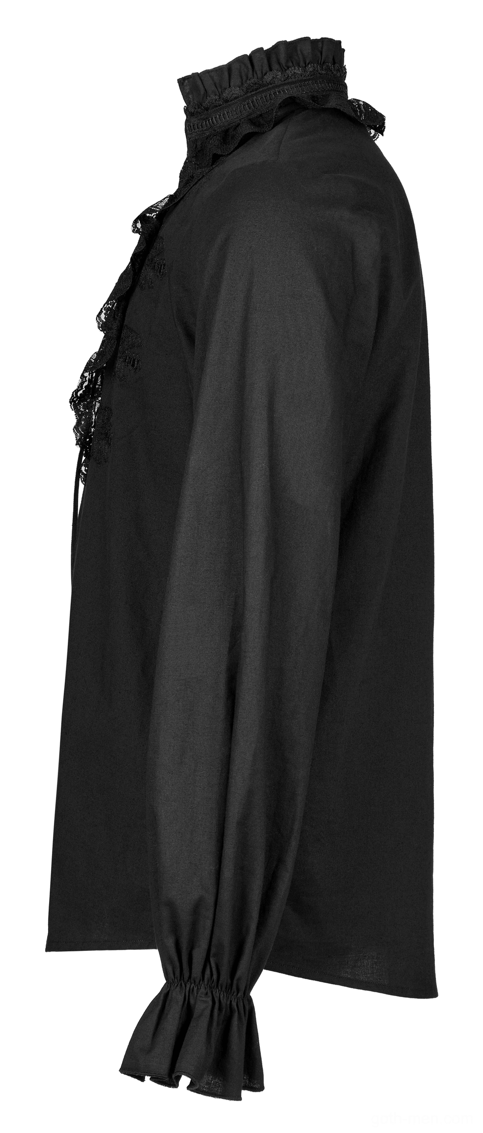 Black skeleton embroidered gothic shirt side view on mannequin showing high ruffled collar and back central pleat