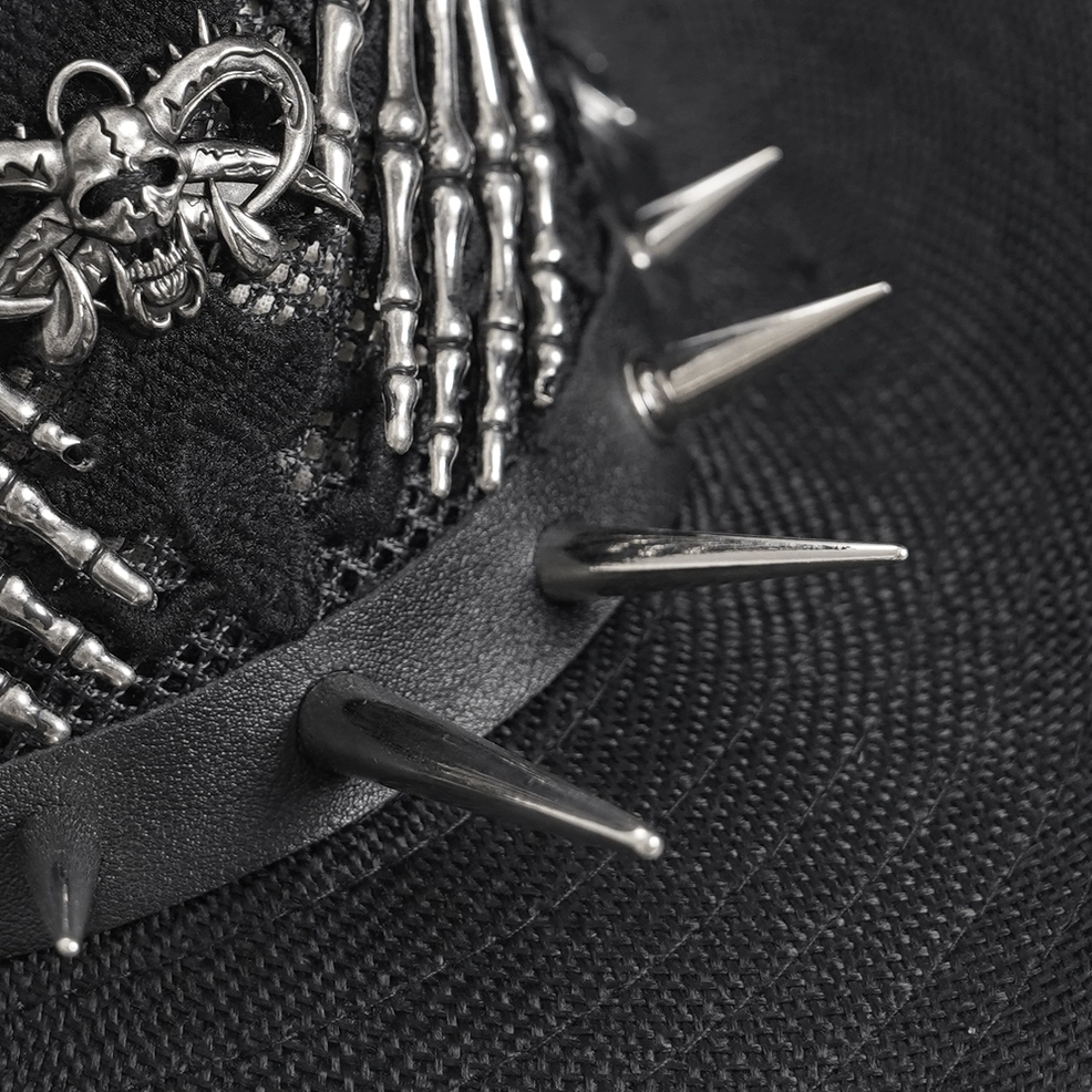Skeleton hand decorated gothic hat with skull lace mesh and metal spike border, front portrait