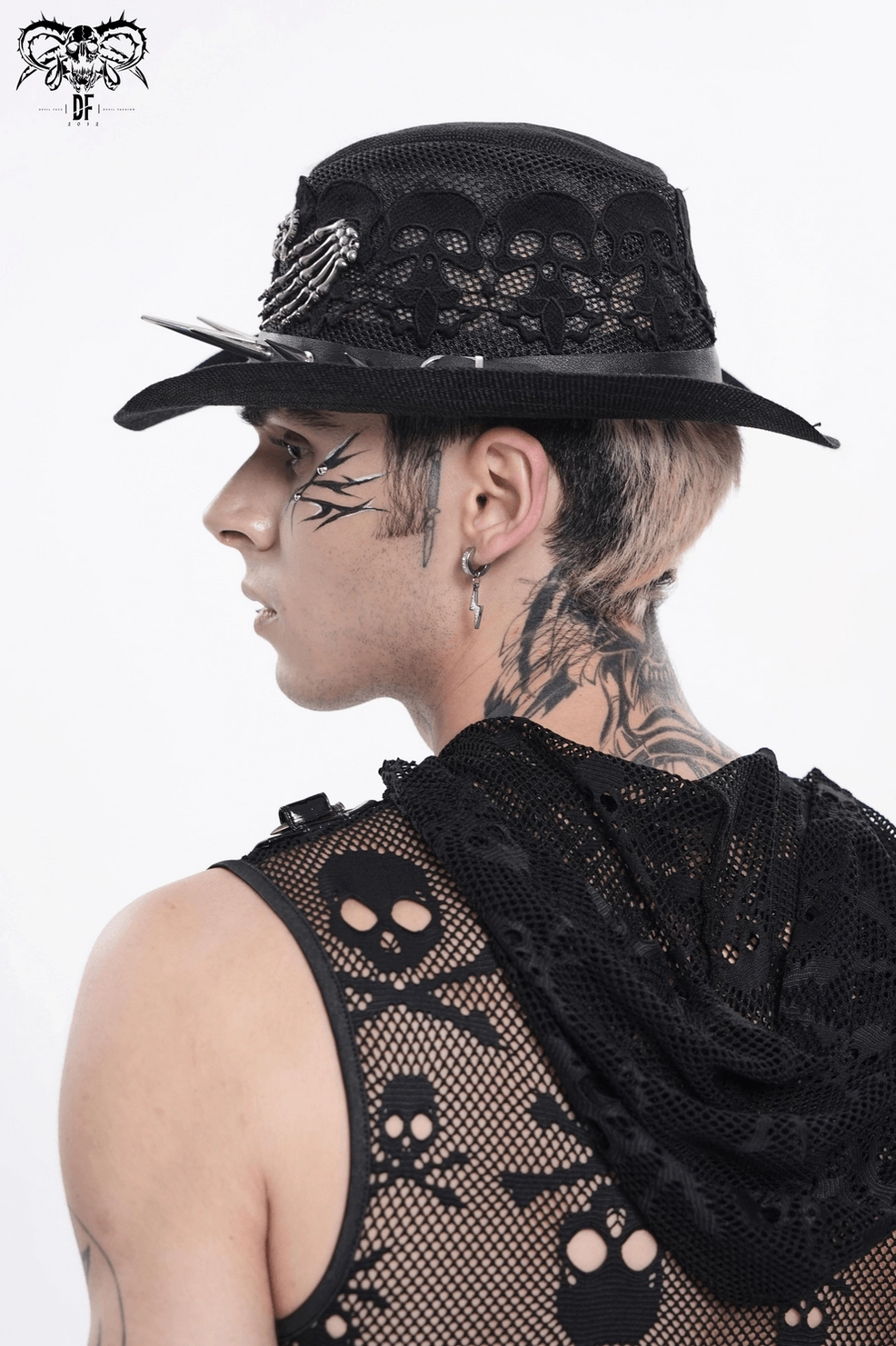 Skeleton hand detailed gothic cowboy hat with skull lace and spike embellishment, full product view