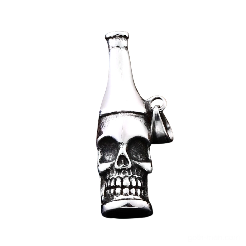Gothic skull bottle stainless steel pendant front close-up detail view on white background