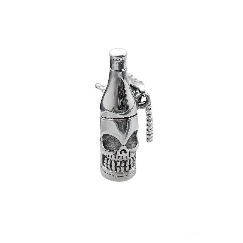 Gothic skull bottle pendant right side view showing chain attachment loop and texture