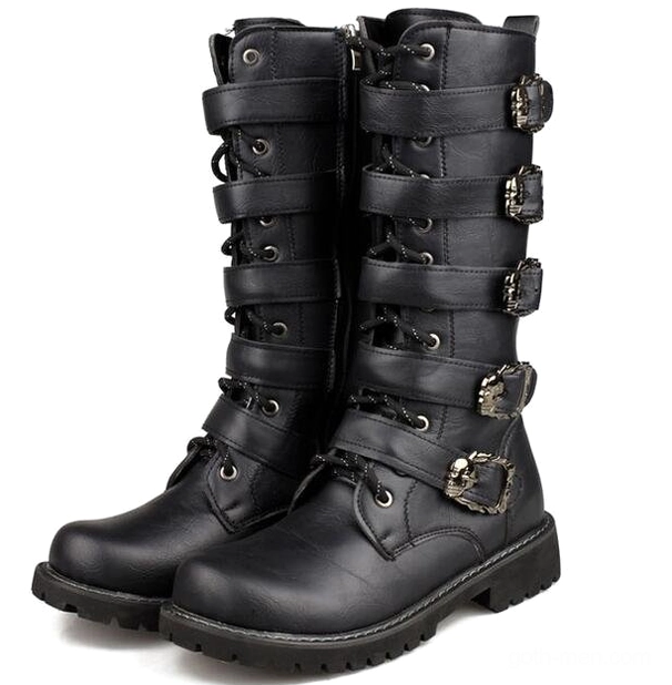 Black skull buckle gothic combat boots mid-calf front double view with metal studs and rivets