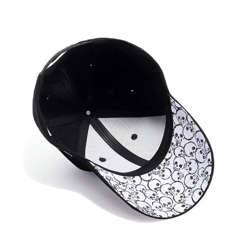 Interior overhead view showing adjustable snapback mechanism and skull pattern on inner brim of gothic cap
