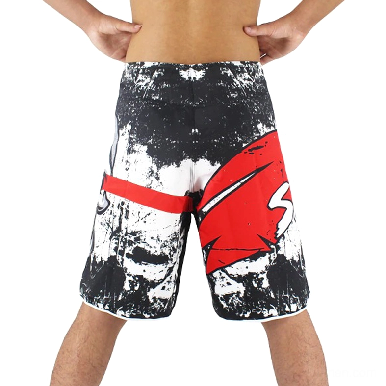 Rear view of black gothic training shorts displaying back red skull cross print and contrast hem edge detail