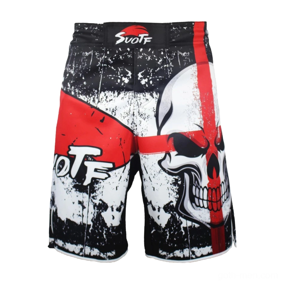 Front centered flat lay of black athletic shorts featuring classic bold red skull cross graphic on distressed fabric base