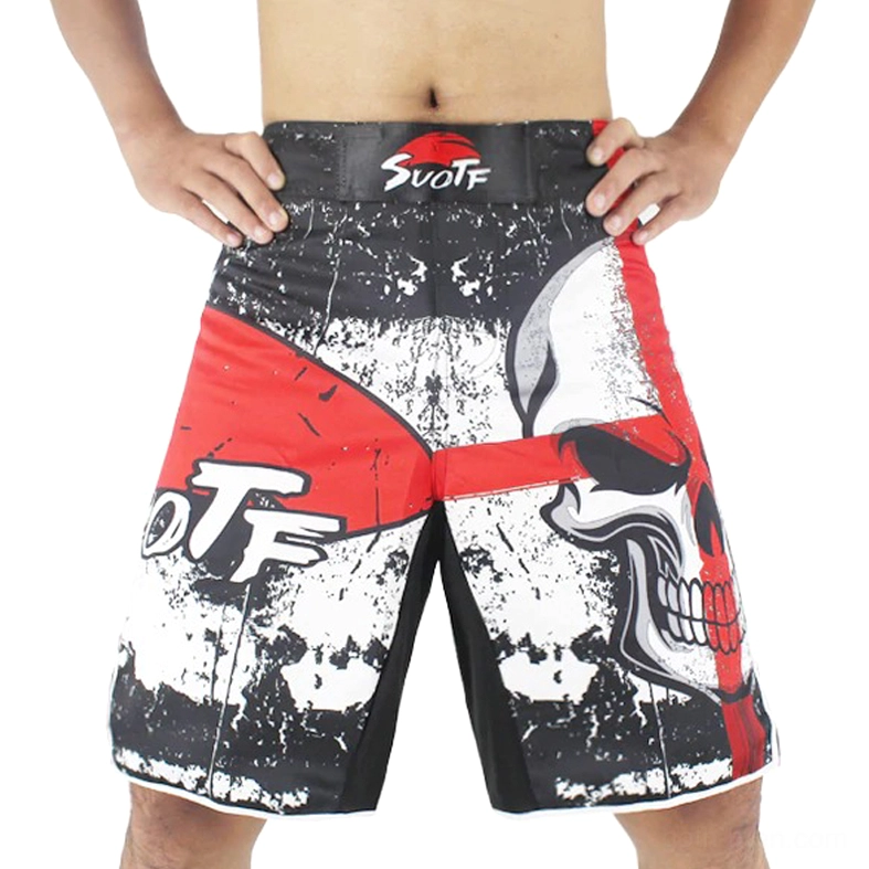 Front view of distressed black athletic shorts featuring bold red and white skull cross graphic with branded waistband detail