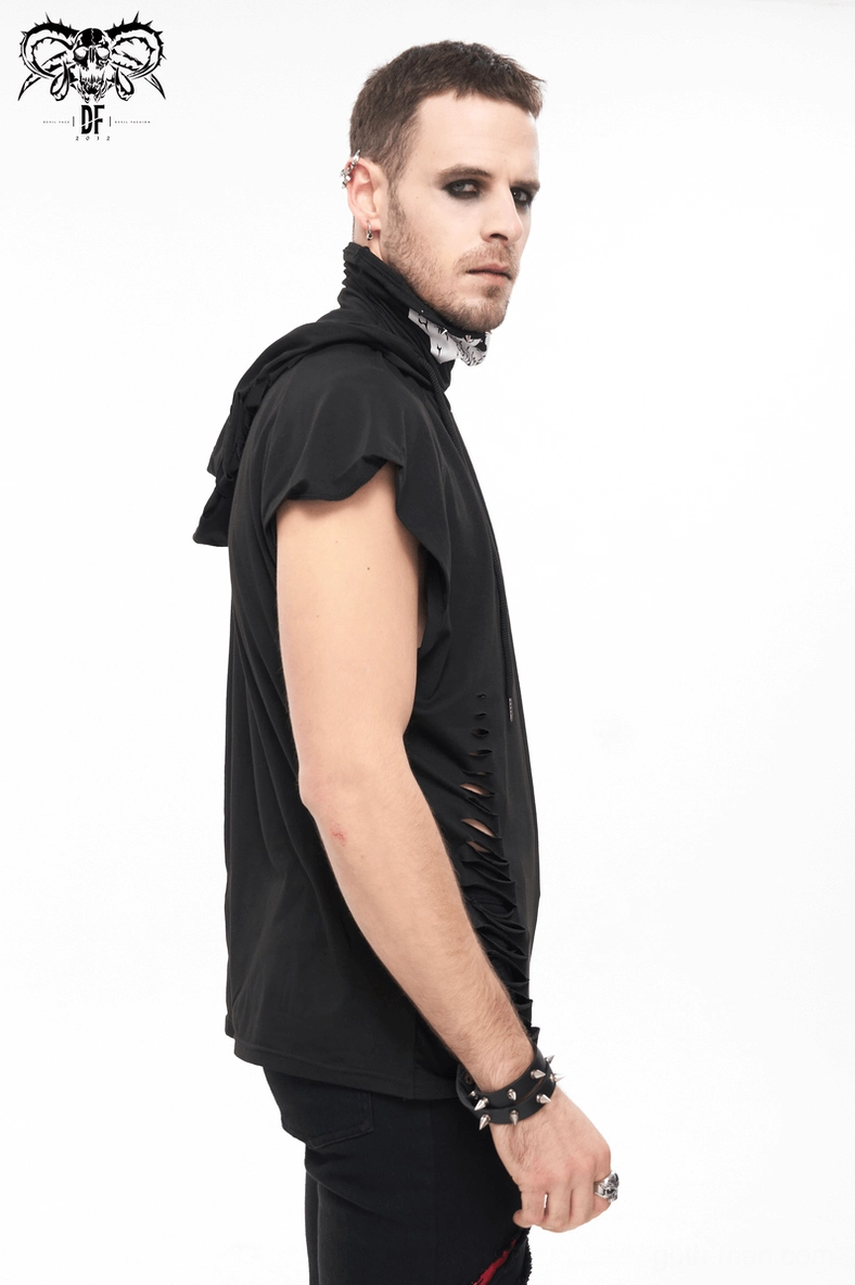 Black ripped gothic hoodie highlighting skull print hood and raglan sleeve construction