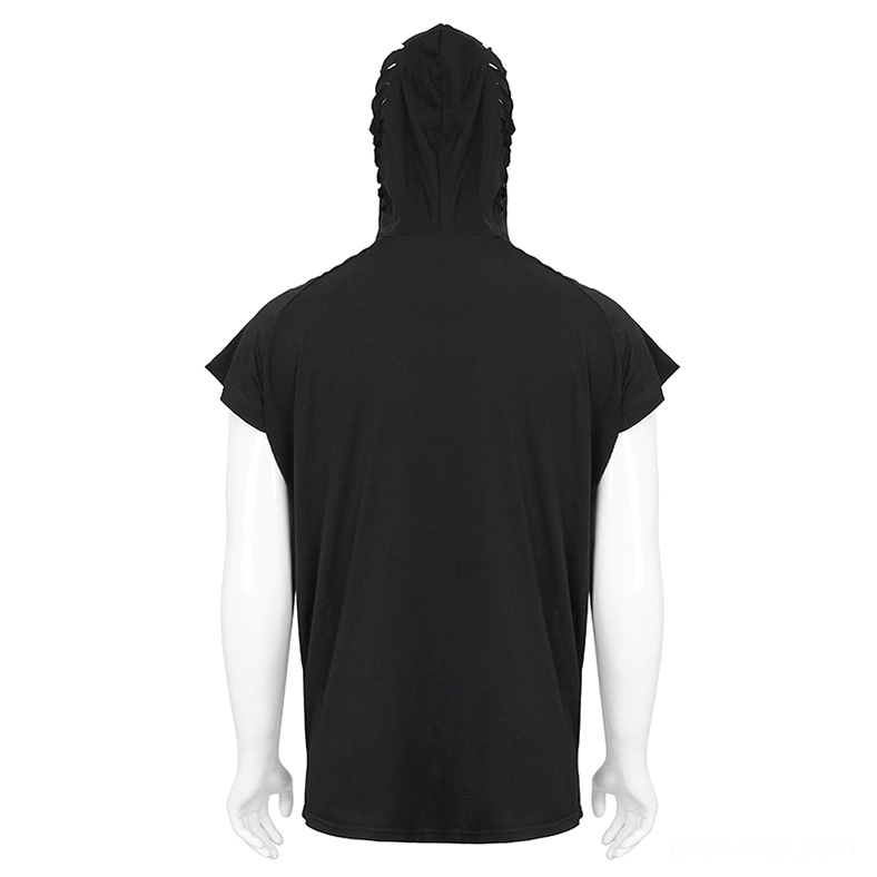 Black ripped gothic hoodie with skull print, mannequin back detail view