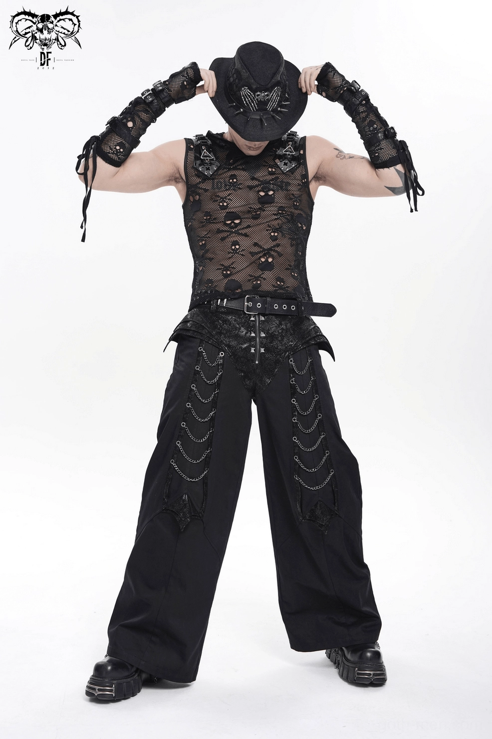 Skull lace gothic cowboy hat with skeleton hand appliqués and sharp metal spike trim, main product view