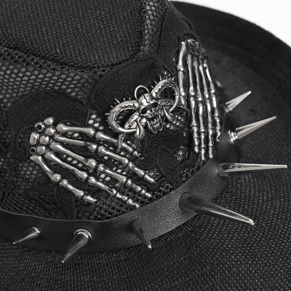 Black gothic cowboy hat with metal spike details and skull lace pattern, three-quarter mannequin view