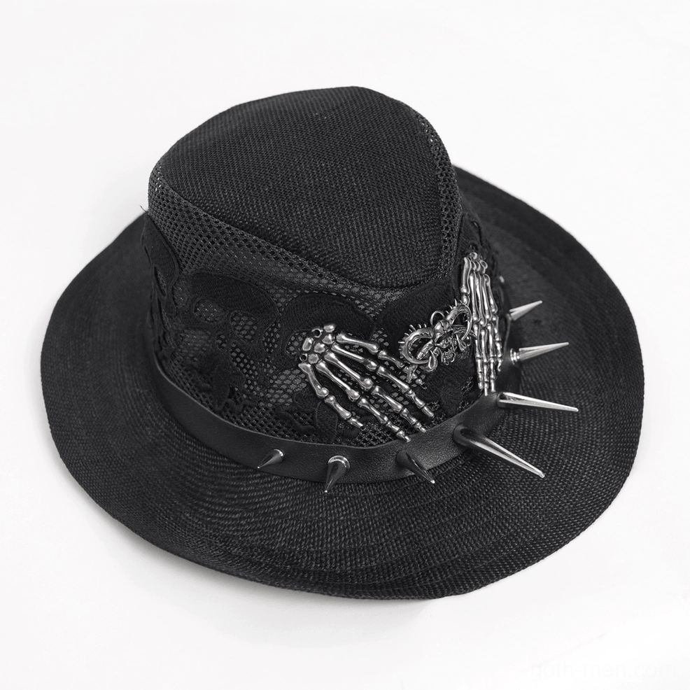 Close-up front view of skull lace gothic cowboy hat with skeleton hand decor and elongated metal spikes