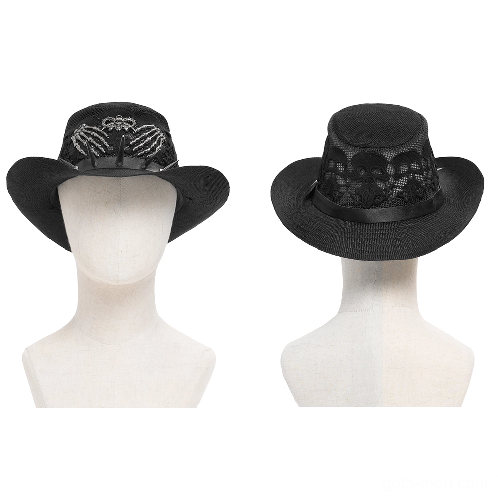 Black gothic cowboy hat with skeleton hand decor and spike leather trim on mannequin, front angle