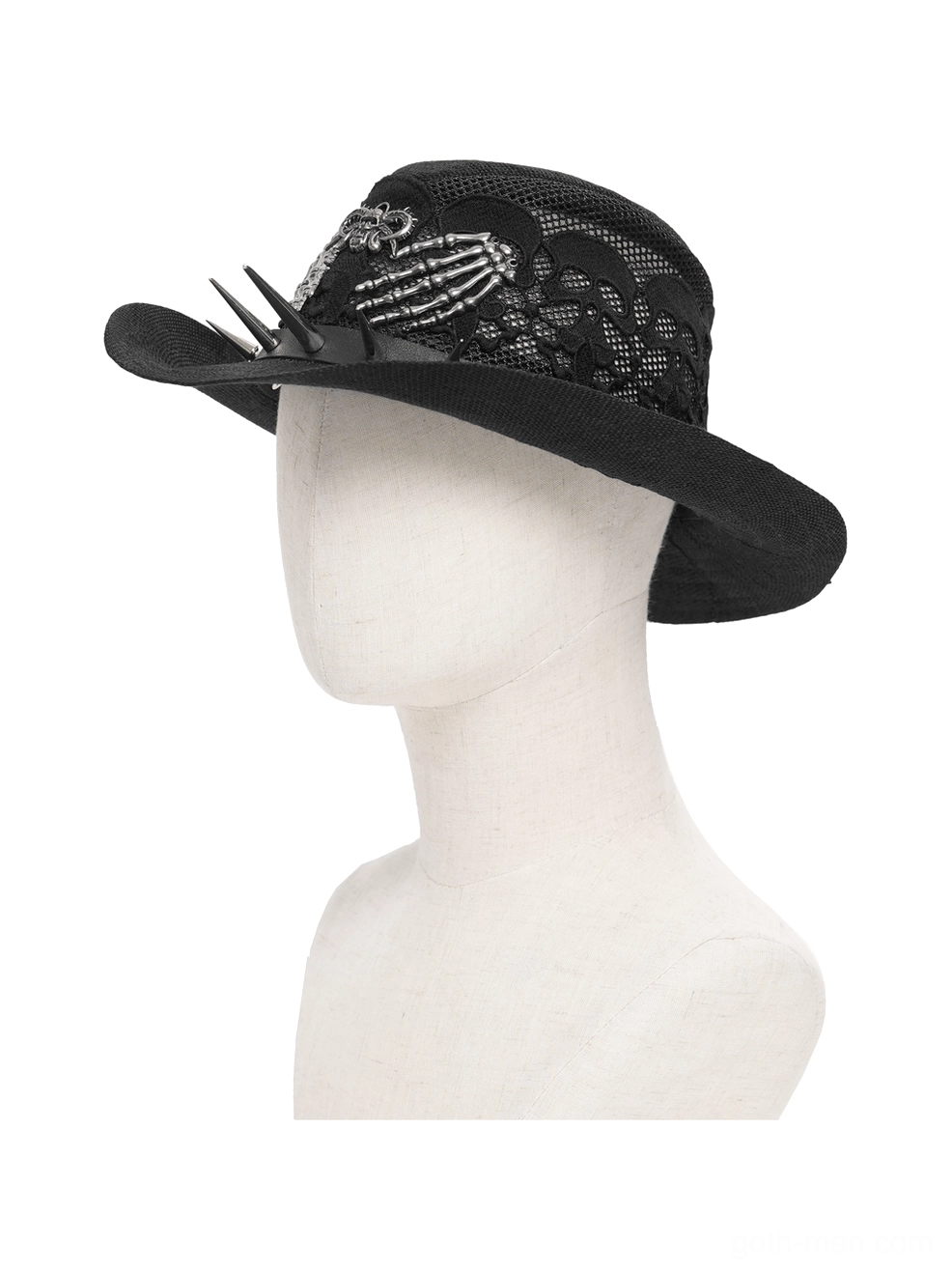 Black gothic cowboy hat with spike leather band and mesh skull pattern, front view on mannequin