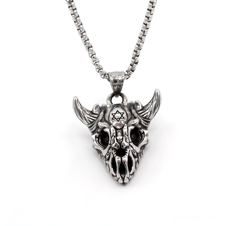 Detailed front view horned skull pendant necklace with clear skeletal carving and oxidized metal finish