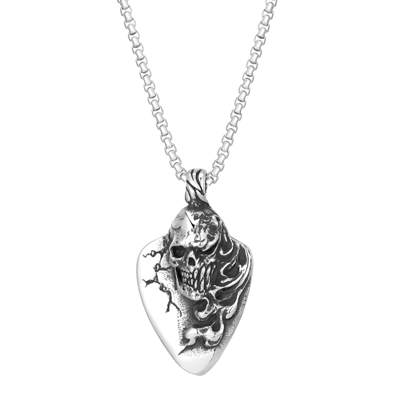 Memento mori skull guitar pick pendant necklace in antique silver stainless steel, front studio view