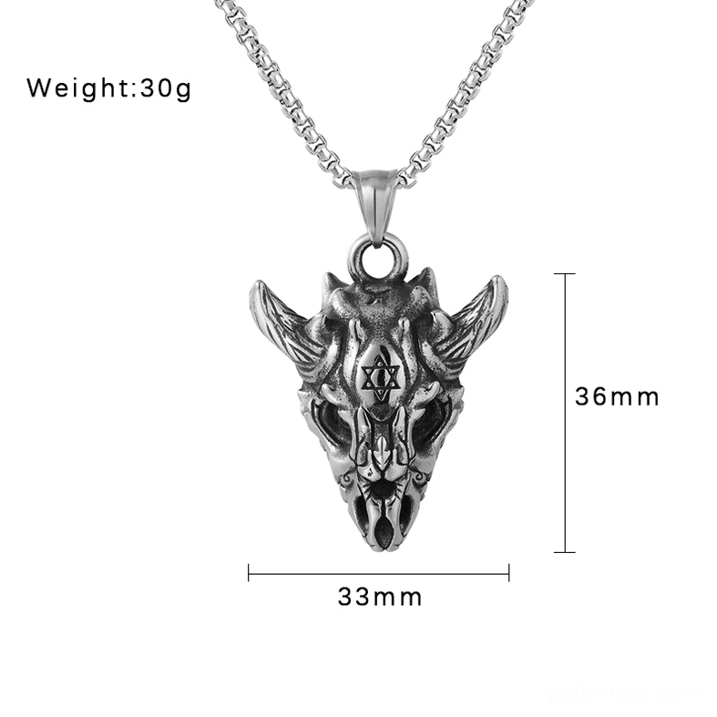 Stainless steel skull pendant with measurements 33x36mm and 30g weight specification marked for size reference