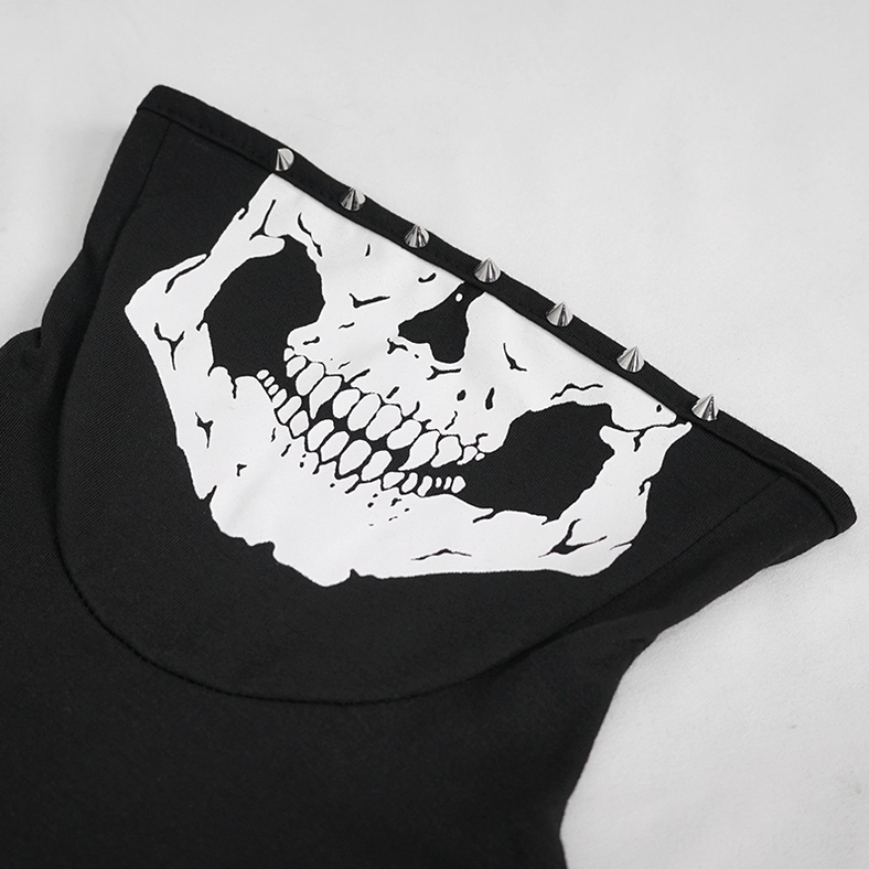 Close-up of white skull print on black turtleneck with metal studs detail
