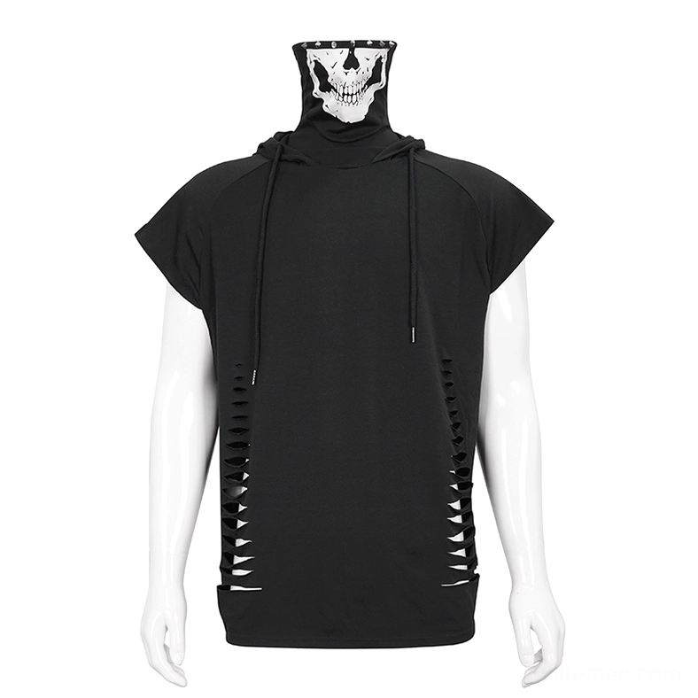 Black high-neck gothic hoodie with white skull print turtleneck design on mannequin