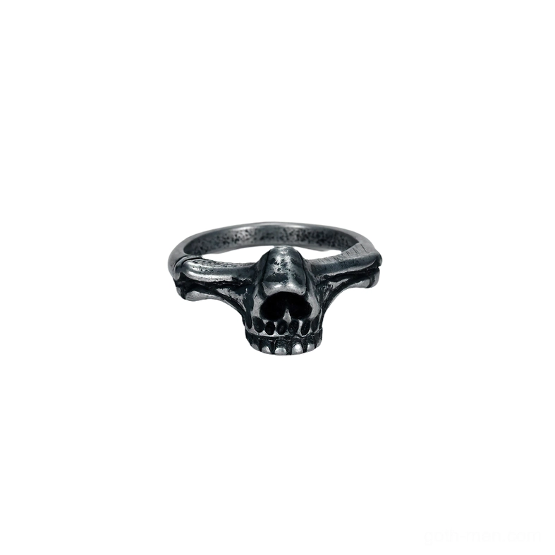 Compact gothic skull ring frontal view showing simplified skeleton shape for smaller sizes