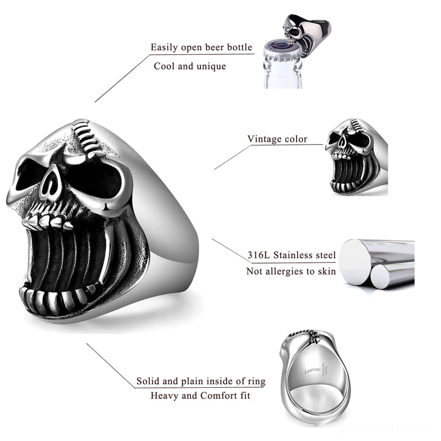 Product features infographic highlighting vintage tone, easy beer opener, 316L stainless steel construction