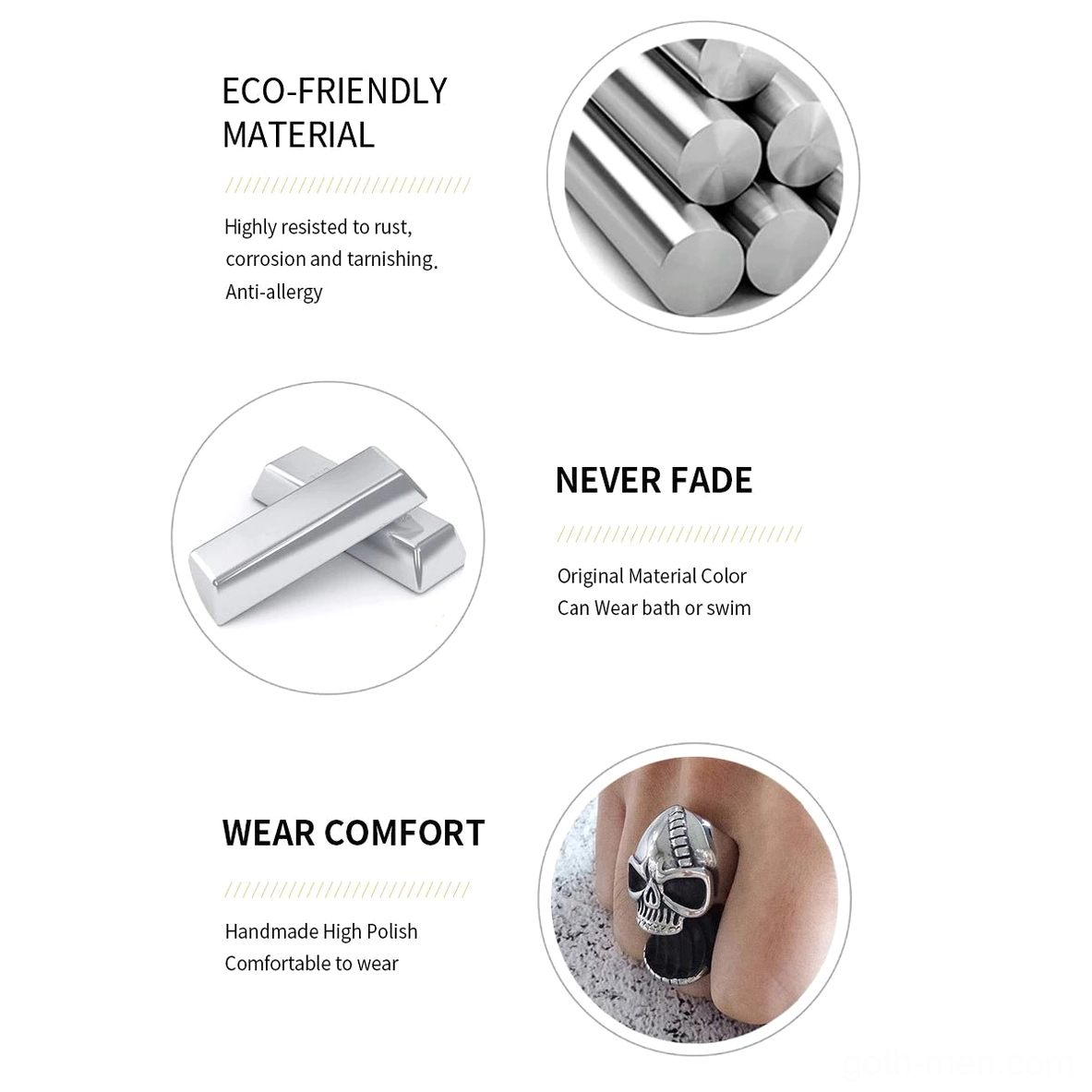 Material benefits infographic - rust-proof, anti-allergy 316L stainless steel, comfortable wear