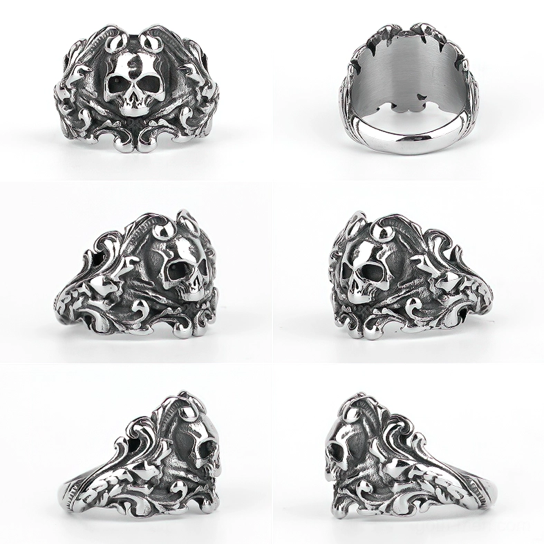 Stainless steel skull ring multi-angle view top side inner dimension showcase white background