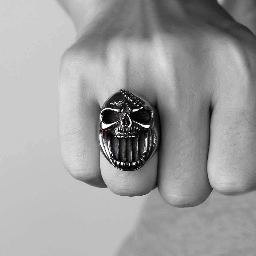 Skull bottle opener ring worn on human hand, index finger placement, gothic punk style daily wear