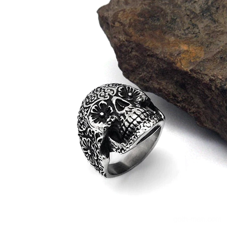Side oblique view of memento mori skull ring with retro punk texture design, stainless steel gothic band