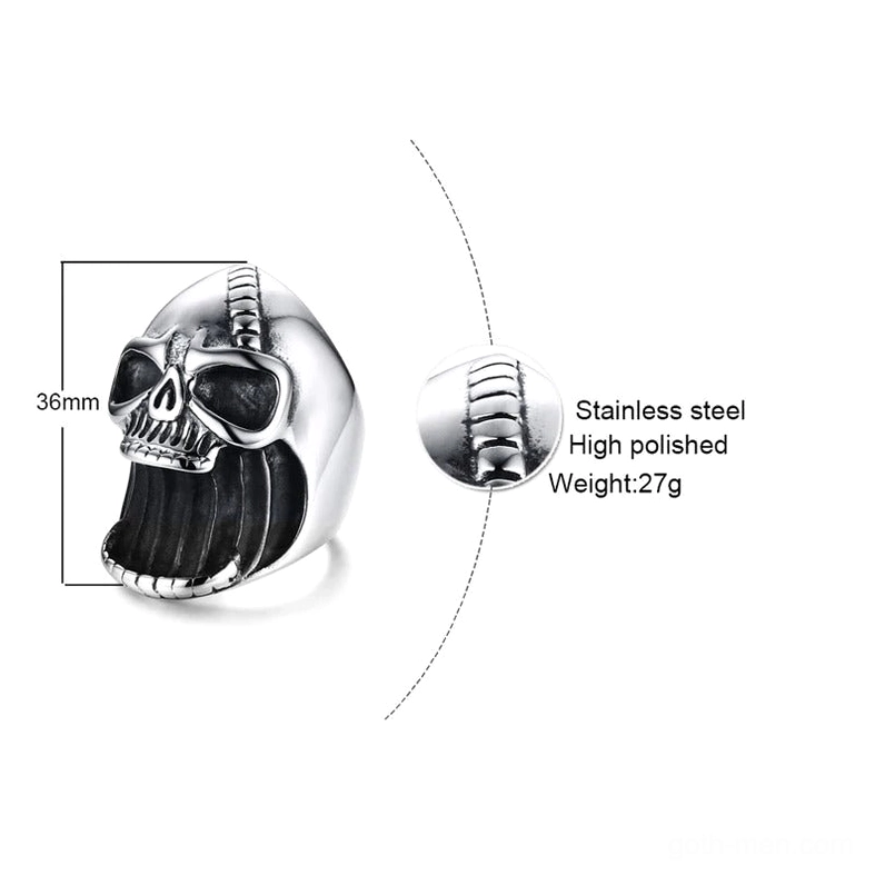 Technical specification view of 316L stainless steel skull ring - 36mm height, 27g weight