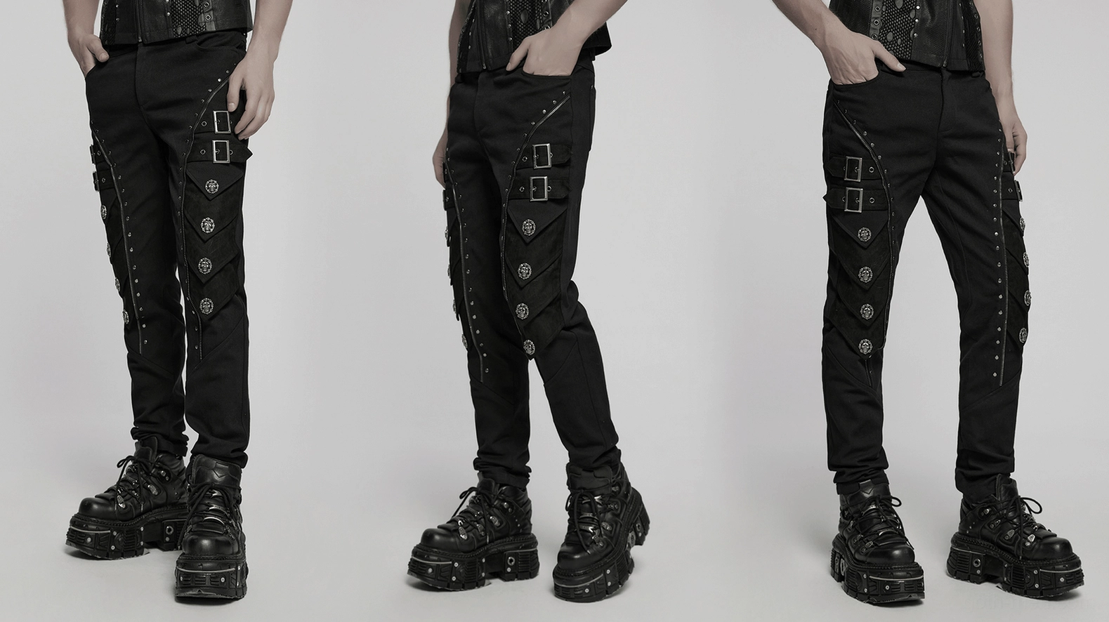Black skull rivet gothic pants main product shot showing all design elements and proportions
