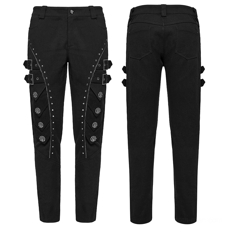 Skull rivet gothic pants front and rear flat lay showing armor panel design and buckle details