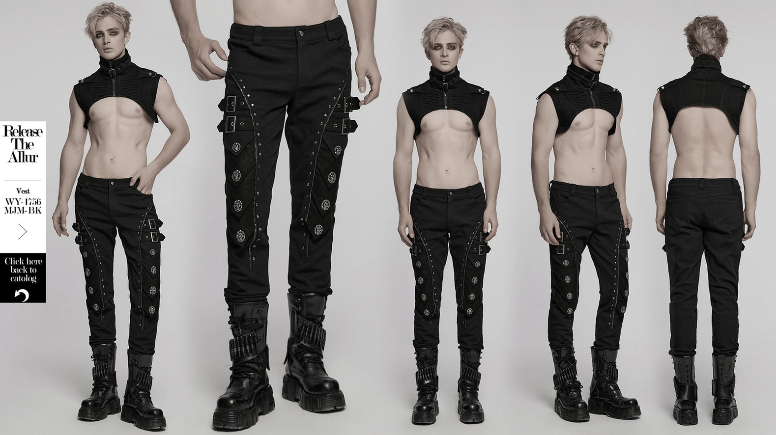 Skull rivet tactical black pants hero image armor-style panels and buckle strap construction
