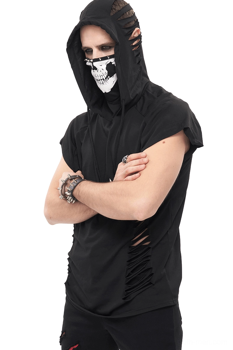 Men's black skull turtleneck gothic hoodie with ripped side details, front three-quarter view on model