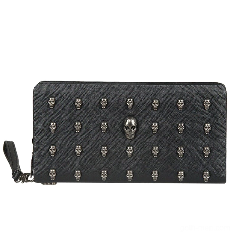 Zip-around gothic skull wallet front flat lay - detailed view of silver skull stud pattern and zipper closure