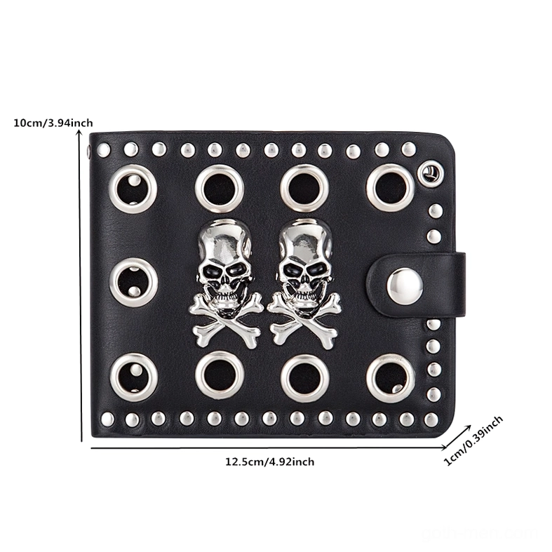 Dual skull gothic wallet dimensions 12.5cm x 10cm - front view with measurements