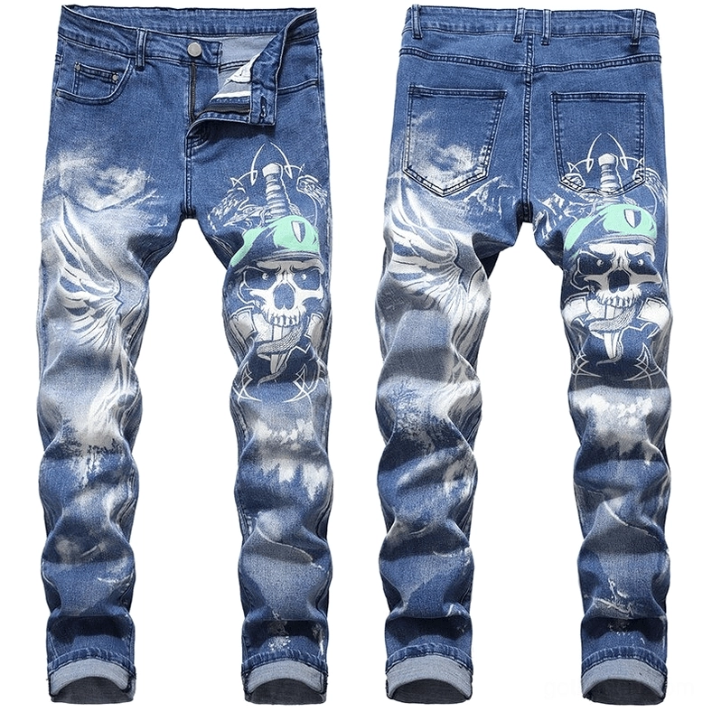 3D skull wing printed gothic blue acid-washed denim jeans front and back display