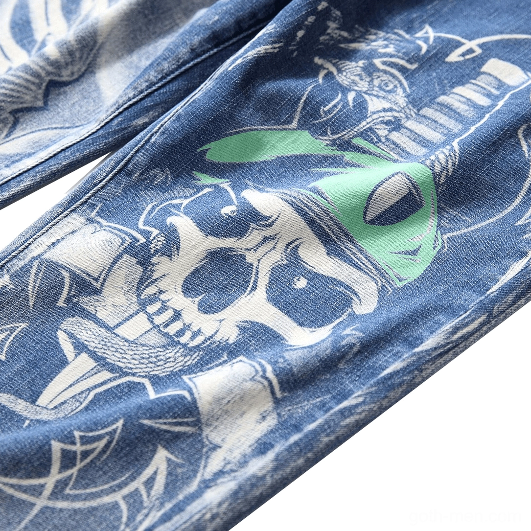 3D printed skull and wing graphic pattern close-up detail on blue gothic denim