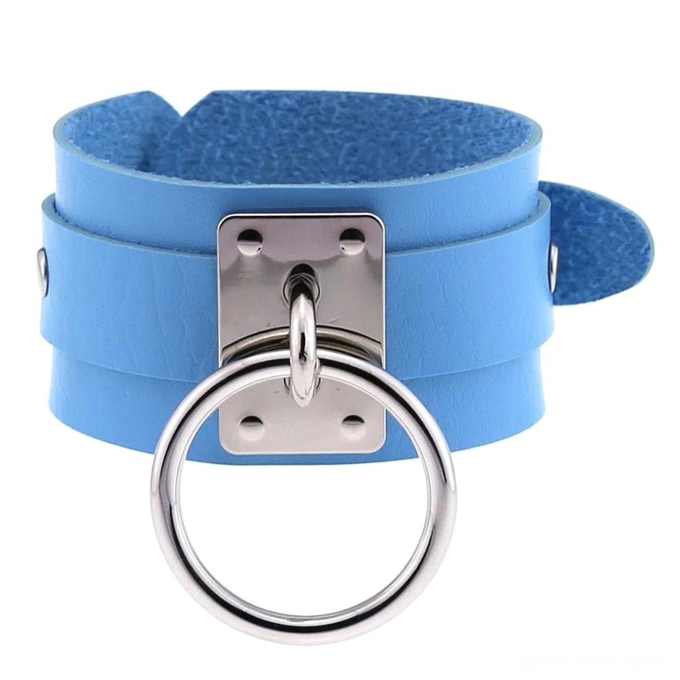 Sky blue leather gothic cuff bracelet with silver metal rings, contemporary dark aesthetic