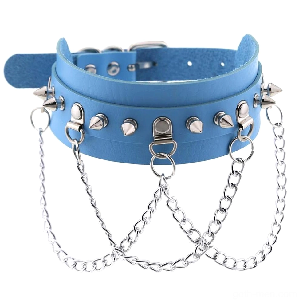 Sky blue vegan leather spiked choker with layered zinc alloy chains and cone spike details
