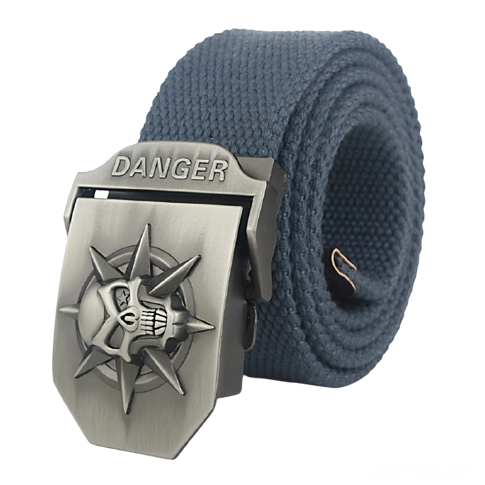 Slate blue webbing tactical canvas belt with silver engraved skull DANGER buckle, front view