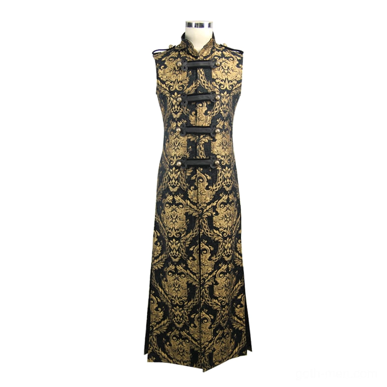 Gold damask embroidered sleeveless long coat front view on dress form with stand collar and frog closures