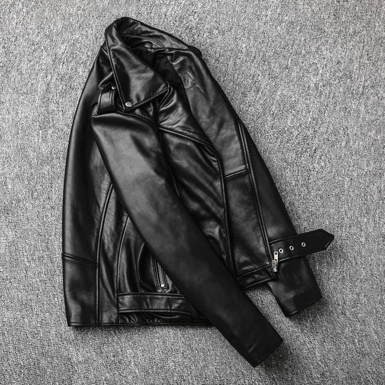 Slim fit black leather biker jacket folded side view lapel collar waist buckle