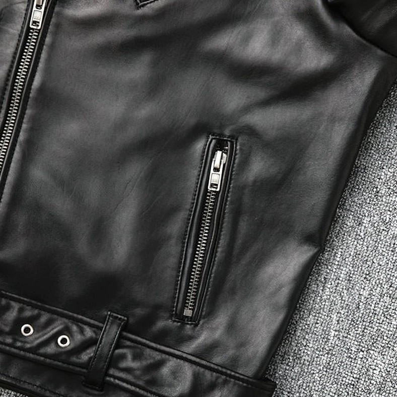 Black genuine leather slim fit biker jacket front pocket zipper detail